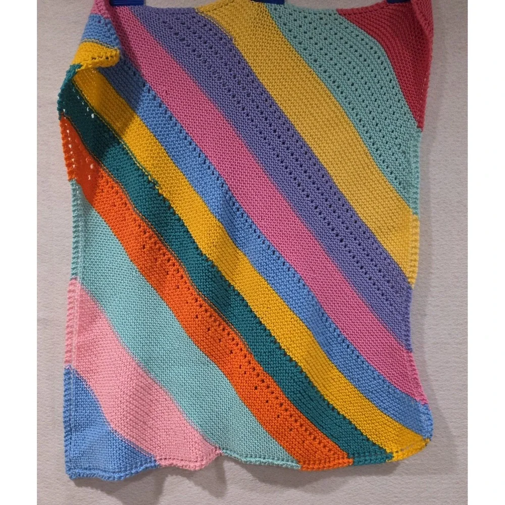 Handmade Crochet Baby Blanket Afghan Throw Rainbow Stripe Bright Colorful 32×30
